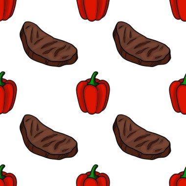 Izgara biftek ve kırmızı dolma biberin kusursuz vektör deseni. Çizgi film tarzında çizilmiş. Yemek paketleme ya da barbekü menüsü tasarımı için mükemmel..