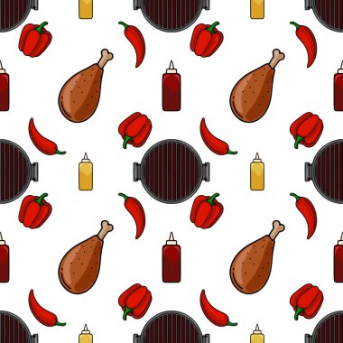 Barbekü ızgarası, tavuk budu, kırmızı dolma biber ve kırmızı biber karışımı, ketçap ve hardal şişeleriyle tamamlanmış, hareketli ve uygulamalı bir düzenleme içeren kusursuz vektör deseni....