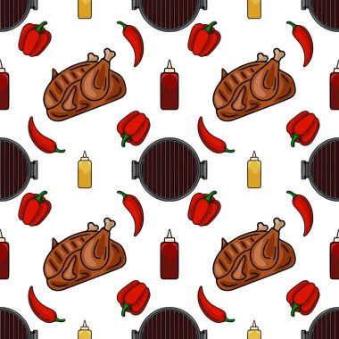 Izgara tavuğun kusursuz vektör deseni, kırmızı dolma biber, kırmızı biber, mangal ve soslar BBQ tasarımı için..