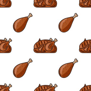 Kızarmış tavuk ve bagetin kusursuz vektör deseni, kahverengi ve bej tonlu el çizimi bir stil, mutfak tasarımları veya Şükran Günü teması için mükemmel..