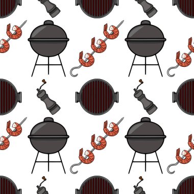 El yapımı barbekü elementlerinin kusursuz vektör deseni: kömür ızgarası, karides şişleri ve biber öğütücü, eğlenceli bir yaz tasarımı yaratmak.