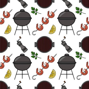 Izgara karides, barbekü ızgarası, limon dilimleri, maydanoz ve biber öğütücüsünün kusursuz vektör deseni. Yaz yemeği tasarımı için mükemmel..