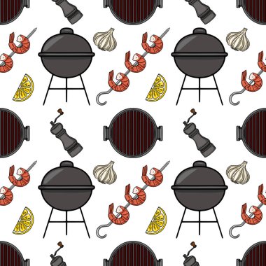Izgara karides, ızgara ızgara ızgara, sarımsak, limon dilimleri ve biber değirmeninin kusursuz vektör deseni canlı bir yaz barbekü illüstrasyonu yaratıyor..
