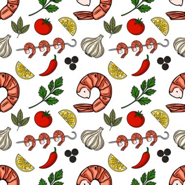 Izgara karides, limon dilimleri, sarımsak, kırmızı biber, maydanoz ve karabiberlerden oluşan kusursuz vektör şablonu canlı ve iştah açıcı bir yemek çizimi oluşturuyor..