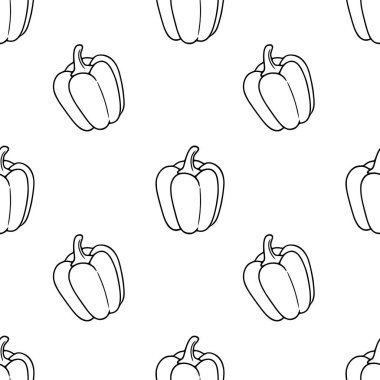 Beyaz arka planda minimalist siyah çizgi sanat tarzına sahip, mutfak temalı tasarımlar veya yiyecek ambalajları için ideal el yapımı çan biberlerinin kusursuz vektör ana hatları..