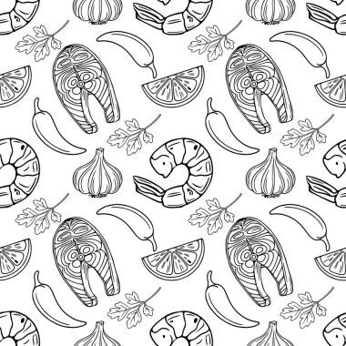 Izgara karides, somon bifteği, sarımsak, acı biber, maydanoz ve limon dilimleri, mutfak tasarımları ve yemek paketleme için mükemmel..