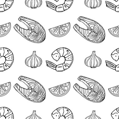 Izgara karides, somon bifteği, sarımsak ve limon dilimlerinin kusursuz vektör ana hatları elle çizilmiş, mutfak tasarımları için mükemmel..