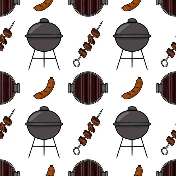 Kömür ızgaraları, sosisler ve et şişleri ile neşe dolu mangal mangalları içeren kusursuz bir vektör deseni. Yaz temalı tasarımlar için mükemmel..