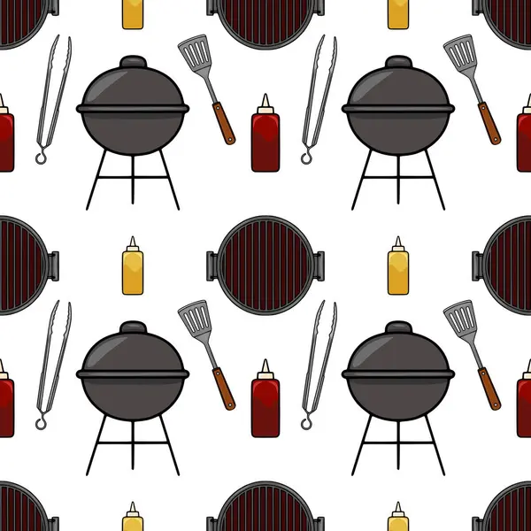 Kömür ızgarası, spatula, maşa, ketçap ve hardal şişelerinin kusursuz vektör deseni, BBQ temalı tasarımlar için mükemmel..