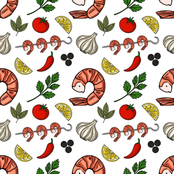 Izgara karides, limon dilimleri, sarımsak, kırmızı biber, maydanoz ve karabiberlerden oluşan kusursuz vektör şablonu canlı ve iştah açıcı bir yemek çizimi oluşturuyor..