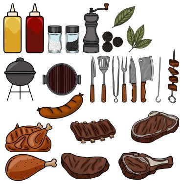 Izgara et, çeşitli mutfak aletleri ve baharatlar da dahil olmak üzere el yapımı leziz barbekü elementleri koleksiyonunu içeren canlı bir vektör çizimi, menü tasarımı veya mutfağı için mükemmel....