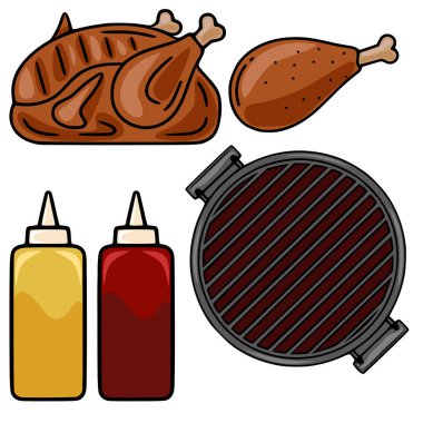 Kızarmış tavuk, tavuk budu, ızgara ızgara, hardal ve ketçap şişelerinin vektör çizimi, yemek ve içecek tasarımı projeleri için mükemmel..