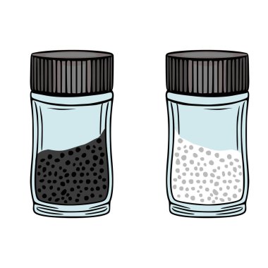 Karabiber ve tuzlu iki cam kavanozun vektör çizimi, detaylı doku ve gerçekçi gölgeleme odaklı el çizimi tarzı.