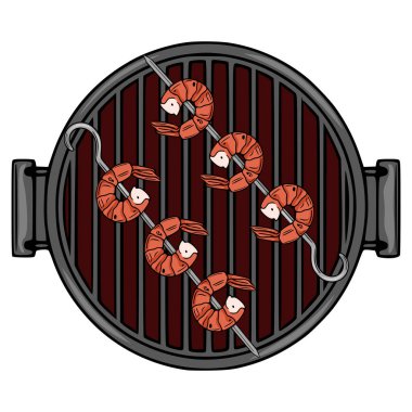 Kömür Izgarasında Izgara Karides Şişleri 'nin Lezzetli Vektör İllüstrasyonu, Eşsiz Üstten Aşağı Bakış ve El Tarzı.