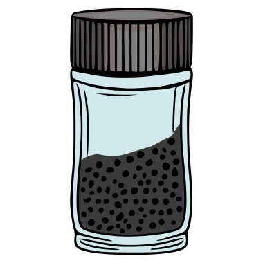 Siyah biberli cam kavanozun vektör çizimi, karikatür tarzında çizilmiş, kaburgalı ve açık mavi aksanlı, baharat paketleme tasarımı için mükemmel..