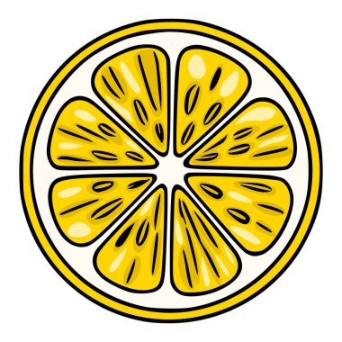 Şekil verilmiş limon diliminin canlı vektör çizimi, koyu sarı bir palet ve elle çizilmiş detaylar sergiliyor, yaz temalı tasarımlar için mükemmel..