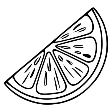 Tek bir limon diliminin vektör çizimi, beyaz arkaplana karşı koyu siyah çizgiler ile özenle detaylandırılmış, elle çizilmiş mükemmel bir stil sunuyor menü tasarımı veya taze narenciye teması için..