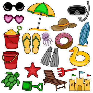 Neşeli bir yaz plaj koleksiyonunun canlı vektör çizimi, güneş gözlüğü, plaj şemsiyesi, dalış maskesi, sörf tahtası, plaj oyuncakları, parmak arası terlikler, denizanası, çörek, şişme yüzük, kaplumbağa, bir...