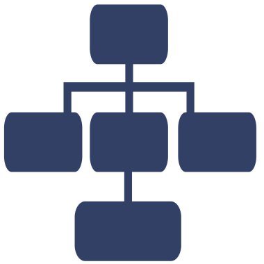 Birbirine bağlı yuvarlak dikdörtgenler ile temsil edilen bir hiyerarşik yapının soyut vektör illüstrasyonu, organizasyonel grafikler veya ağ diyagramları için uygun koyu mavi bir renk paletinde.