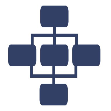 Bir ağ bağlantısının soyut vektör illüstrasyonu, dört bağlantılı dikdörtgen düğümlü merkezi bir kare, koyu mavi palet ile minimalist bir şekilde oluşturulmuş.