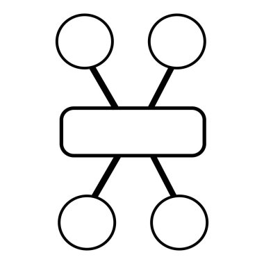 Merkezi dikdörtgen ögeye bağlı dört düğümlü minimalist ağ yapısının soyut vektör illüstrasyonu, beyaz arkaplanda koyu siyah çizgiler içerir.