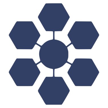 Altı altıgen şekle bağlı merkezi bir çemberin soyut vektör çizimi derin bir lacivert renkte eşsiz bir geometrik tasarım oluşturur..