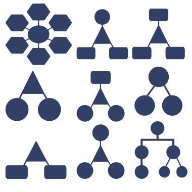Altıgenler, daireler, üçgenler ve dikdörtgenler gibi çeşitli şekilleri içeren koyu mavi renk şeması içeren vektör organizasyonel şema koleksiyonları.