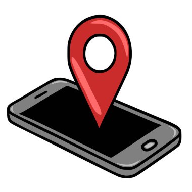 Ekranında kırmızı lokasyon iğnesi olan akıllı bir telefonun vektör çizimi, modern, karikatürist bir stil ve basit bir renk paleti sergiliyor..