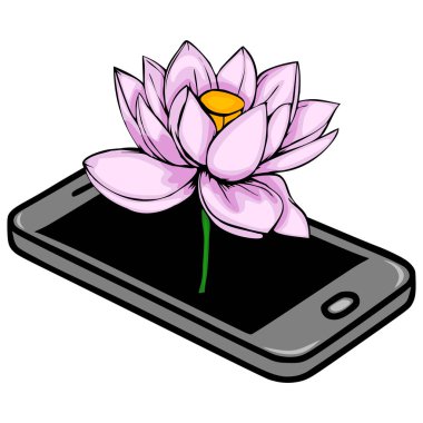 Modern bir akıllı telefon ekranından ortaya çıkan narin pembe nilüfer çiçeğinin vektör çizimi, doğanın ve teknolojinin dijital bütünlüğünü sembolize ediyor..
