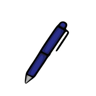 Koyu mavi tükenmez kalemin vektör çizimi, basit bir el çizimi stili, hafif açılı bir perspektifle, metalik gri uçlu ve klipsli.
