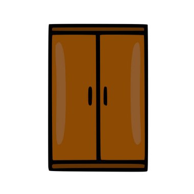 İki kapılı ve siyah saplı kahverengi ahşap bir gardırobun çocuk odası tasarımı ya da minimalist ev dekorasyonu için uygun vektör çizimi.