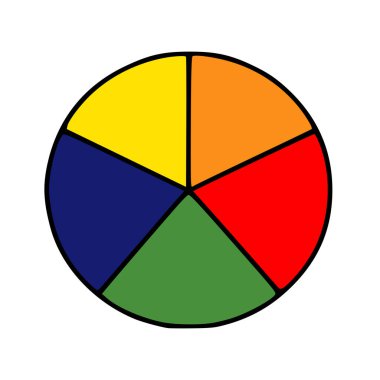 Dairesel renk paletinin canlı vektör çizimi beş kalın parçaya bölünmüştür: sarı, turuncu, kırmızı, koyu mavi ve yeşil, belirgin siyah bir dış hatla gösterilir..