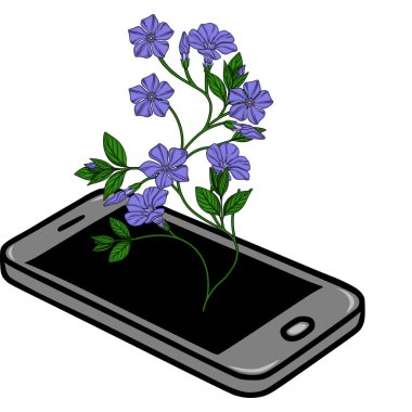 Doğanın ve teknolojinin birleşimini sembolize eden, ekranından çıkan hassas menekşe çiçekleri olan akıllı bir telefonun vektör çizimi..