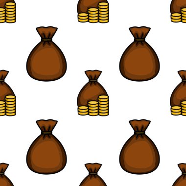 Kahverengi para çantalarının ve altın sikkelerin kusursuz vektör deseni, finansal veya hazine temalı tasarımlar için mükemmel..