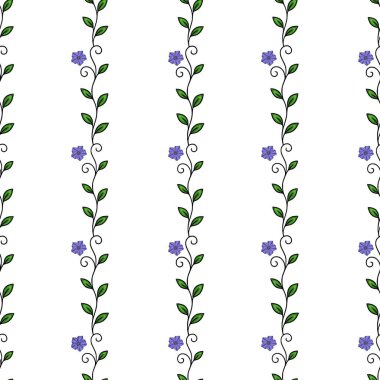 Dikey çiçeklerin kusursuz vektör deseni narin mor çiçekler ve yeşil yapraklarla büyüleyici ve zarif bir tasarım yaratıyor..