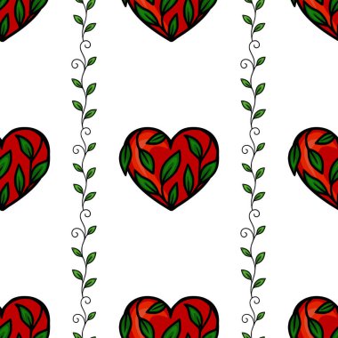 Yeşil yapraklar ve dikey sarmaşık sınırlarıyla birbirine dolanmış kırmızı kalplerin kusursuz vektör deseni romantik ve doğadan esinlenilmiş bir tasarım yaratıyor..