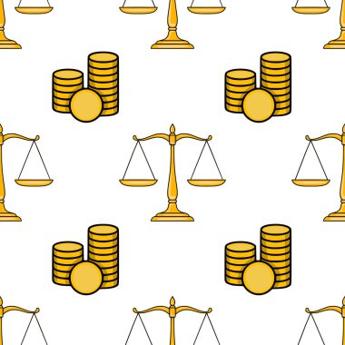 Adalet ve para yığınlarının kusursuz vektör deseni, hukuk ve finans dengesini sembolize ediyor, yasal veya finansal altyapı için mükemmel..