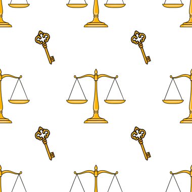 Adaletin altın pulları ve hukuki veya adalet temalı projeler için sembolik bir tasarım olan süslü anahtarlarla kusursuz bir vektör deseni.