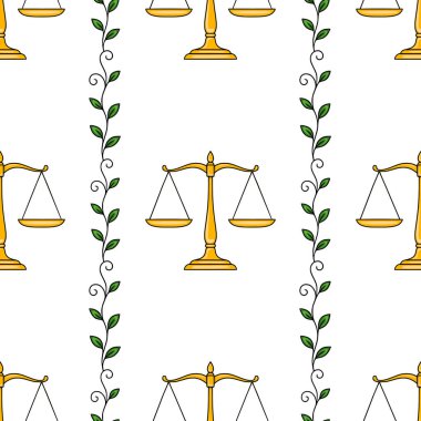 Adaletin altın pullarını içeren kusursuz vektör deseni ve birbirine dolanan yeşil yapraklar, yasal ya da doğa temalı projeler için dengeli ve uyumlu bir tasarım yaratıyor..