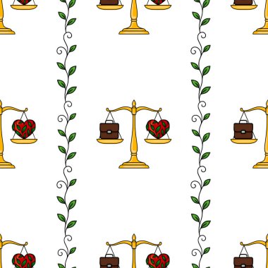 Altın pulların kusursuz vektör deseni bir evrak çantası ve yapraklı bir kalbi dengeliyor, zarif yeşil sarmaşıklarla süslenmiş, arka plan ve tasarım projeleri için ideal.