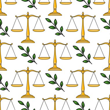 Adalet ve yeşil yaprakların kusursuz vektör deseni, kanunu, dengeyi ve doğayı sembolize eder..