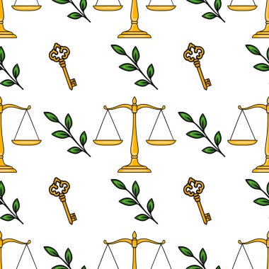 Adaletin altın pulları, antika anahtarlar ve yeşil yapraklarla kusursuz vektör deseni, yasal ya da adalet temalı tasarımlar için ideal..
