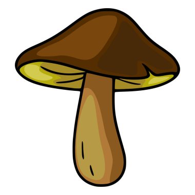 Kahverengi şapkalı ve sarımsı kahverengi saplı tek bir çizgi film körfezi boleti veya yosun mantarının büyüleyici bir vektör çizimi, oyuncu ve kaprisli bir stil sergiliyor..