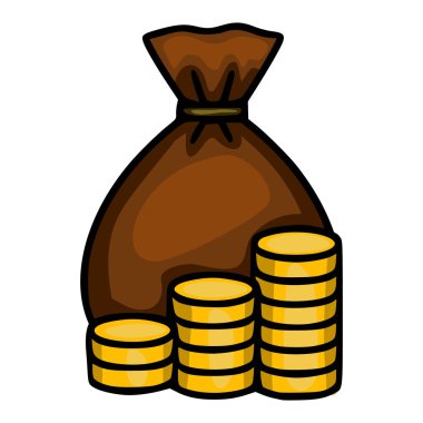 Kahverengi para çantasının ve altın sikkelerin ilginç bir temsili, cesur hatları ve canlı renkleri olan, finansal veya zenginlikle ilgili tasarımlar için mükemmel bir karikatür tarzı sergiliyor..