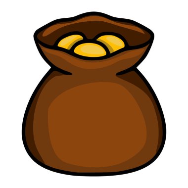 Altın sikkelerle dolup taşan kahverengi bir çuvalı ilginç bir şekilde tasvir etmek. Çizgi filmlerdeki gibi cesur çizgiler ve gölgeli renklerle çizilmiş..