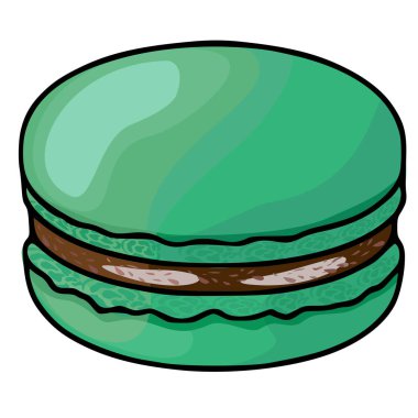 Detaylı, desenli çikolata dolgulu, el çizimi eşsiz bir stil ve zengin renk gradyanlarıyla tek ve canlı yeşil bir makaronun vektör çizimi.