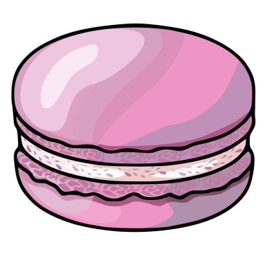 Ayrıntılı, desenli bir tasarıma sahip tek bir pembe makaronun vektör çizimi, yumuşak ve koyu renklerin eşsiz bir karışımını sergiliyor, fırın veya tatlı temalı projeler için ideal.