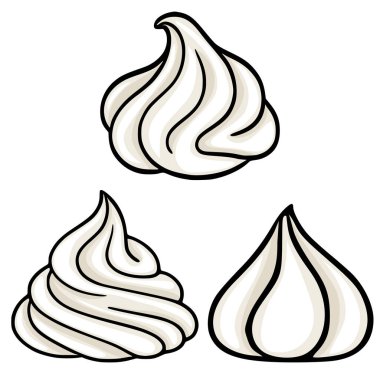 Kremalı girdapları tasvir eden üç vektör çizimi, krem şanti ya da krema çeşitleri, tatlı menüleri, fırın markaları ya da mutfak tasarımları için ideal..