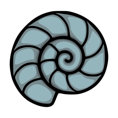 Çarpıcı bir grafik efekt için koyu siyah çizgiler içeren, serin mavi tonlarda katmanlı bir tasarımı olan bir notilus kabuğunun stilize vektör çizimi.