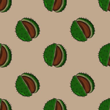 El yapımı kestane kabuklarının kusursuz vektör deseni, canlı yeşil ve kahverengi bir palet sergiliyor, sonbahar tasarımları ve tekstil baskıları için ideal..